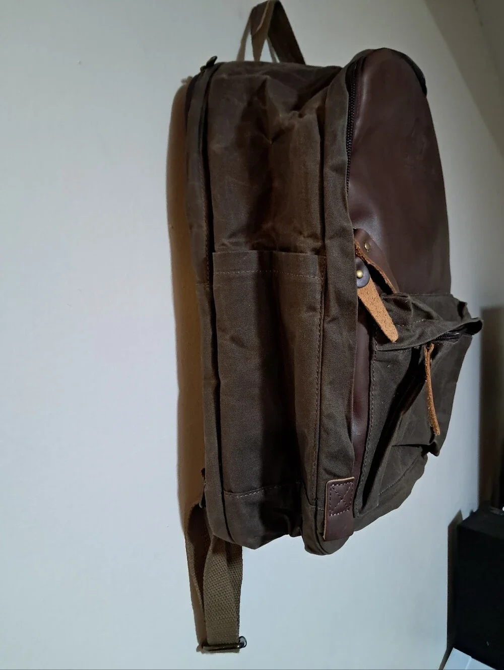 Kaidale Waxed Canvas Brown Leather Accent Men Backpack With Padded Laptop Sleeve